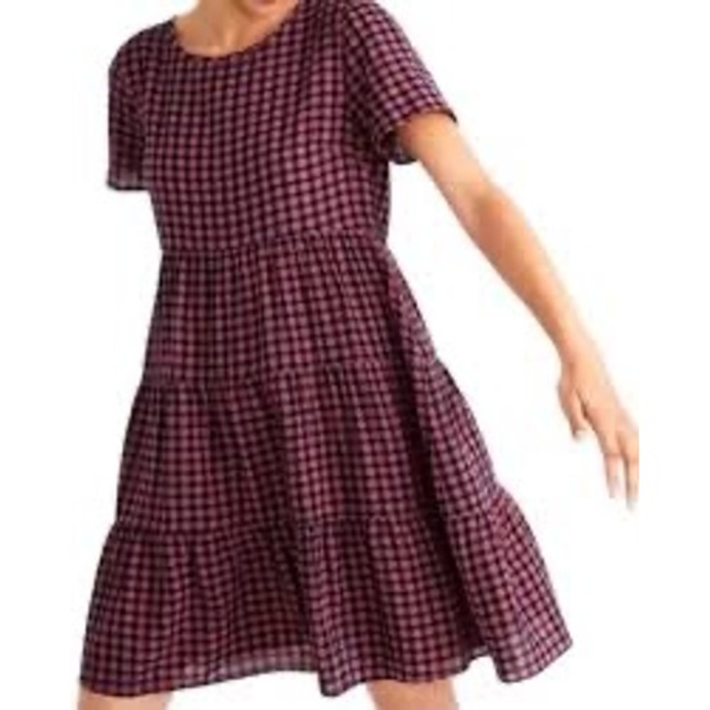 Madewell Pink Navy Gingham Tiered Mini Dress Short Sleeve Babydoll Cotton Blend
